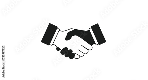 Simple black and white illustration of two hands shaking in agreement symbolizing partnership and trust in business