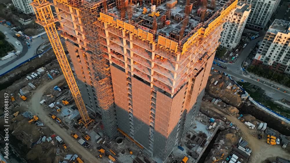crane towers over building under construction. concrete rooftop ...