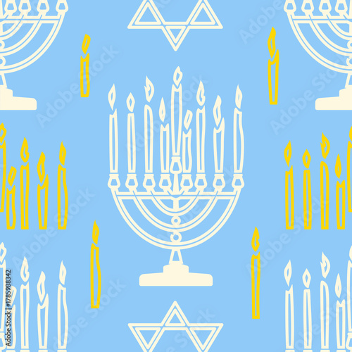 Hanukkah seamless pattern with menorahs, stars of David, Hamsa hands and candles