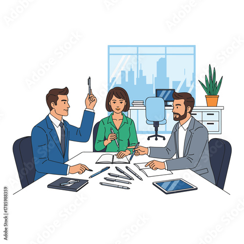 Business team meeting around a table in an office discussing ideas and strategies.