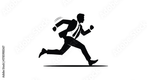 Silhouette of a businessman in a suit running forward with determination and speed against a white background