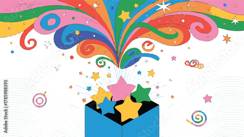 Exploding Gift Box with Colorful Swirls Stars and Abstract Shapes on White Background Keywords: gift box, explosion, celebration, surprise, stars, colorful, abstract, swirls