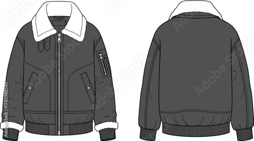 Cad drawing flat vector illustration of bomber jacket fashion design with shearling collar cuffs ribbed waistband sleeve technical garment sketch