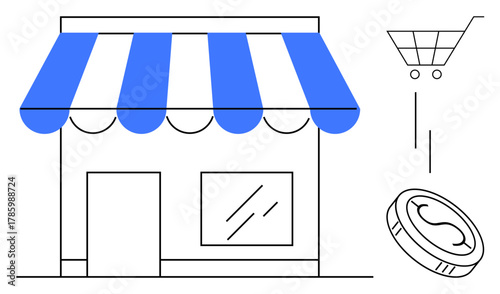Storefront with striped awning, shopping cart, and coin representing retail, shopping, entrepreneurship, small business, retail strategies, online payment methods digital commerce. Clean flat