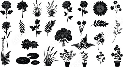 “Black plant flower silhouette vector illustration set, botanical leaves tulip rose lotus sunflower potted plants decorative design collection”