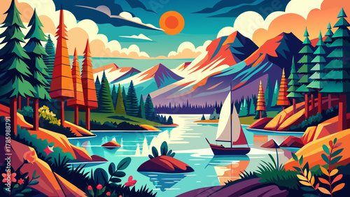 Very beautiful Minnesota travel poster illustration featuring iconic northern landscapes, lakes, pine forests, and a vibrant stylized design perfect for print decor, canvas wall art, or gift artwork i