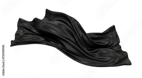 Flowing black satin fabric with soft folds and highlights, cutout, PNG isolated on white or transparent background