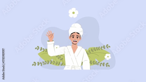 Woman in Towel Self Care Skincare Routine After Shower 2D Flat Design Style Animation