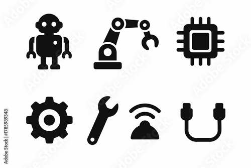 Black icons of robot, robotic arm, microchip, gear, wrench, wi-fi, cable