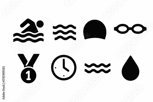 Swimming icon set: swimmer, gear, medal, clock, waves, water drop