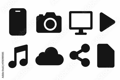 Set of iconic technology symbols: phone, camera, monitor, play button, music note, cloud, share, file