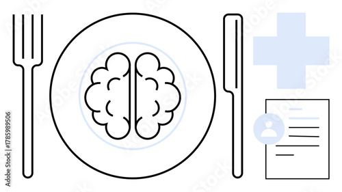 Brain on a plate with fork and knife, medical cross, and document icon. Ideal for mental health, nutrition, healthy eating, cognitive science, wellness, healthcare simple flat metaphor