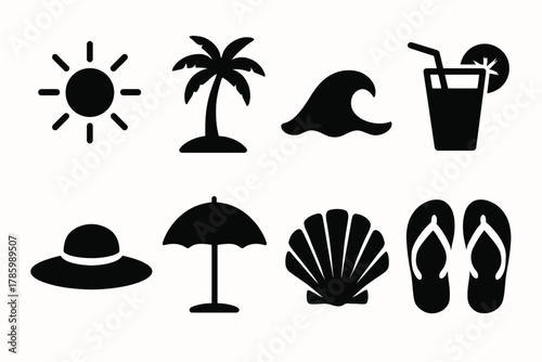 Beach icons: sun, palm tree, wave, drink, hat, umbrella, shell, flip-flops