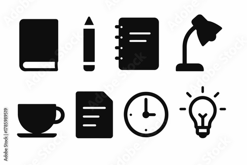 Black office icons: book, pencil, notebook, lamp, cup, document, clock, light bulb
