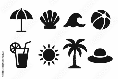Summer beach icons: umbrella, shell, wave, ball, drink, sun, palm, hat