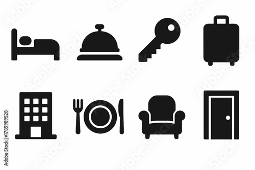 Hotel icons: bed, bell, key, luggage, building, plate, chair, door