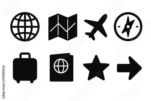 Travel and navigation icon set: globe, map, airplane, compass, luggage, passport, star, arrow