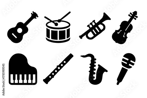 Silhouette icons of musical instruments: guitar, drum, trumpet, violin, piano, flute, saxophone, microphone