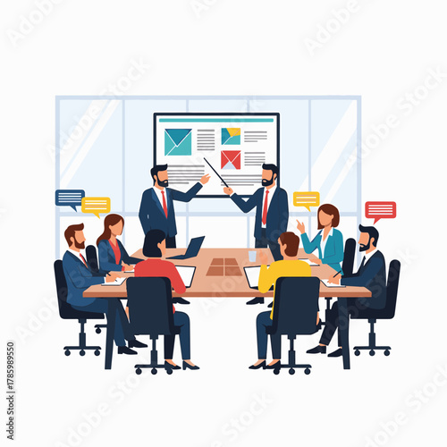 Business team meeting in conference room with presentation, discussing ideas and strategies.