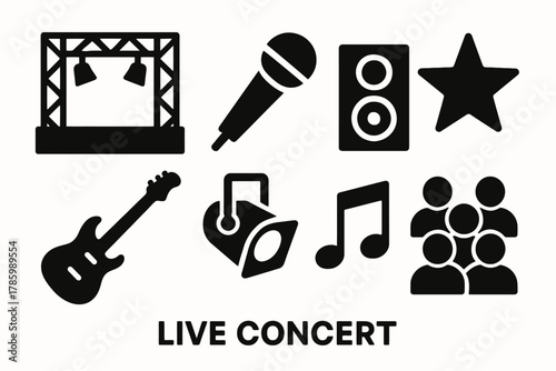 Live concert icons featuring stage, microphone, speaker, guitar, and audience