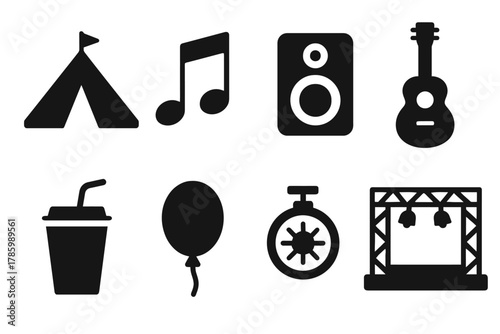 Music festival icons set: tent, note, speaker, guitar, drink, balloon, timer, stage