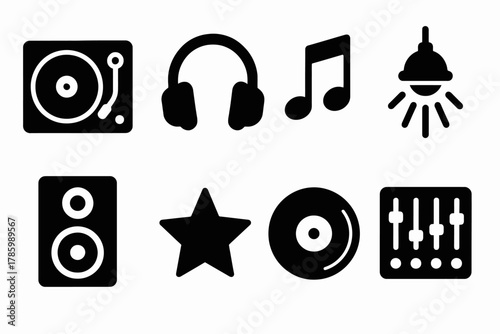 Music and sound icon set: turntable, headphones, notes, light, speaker, star, record, mixer