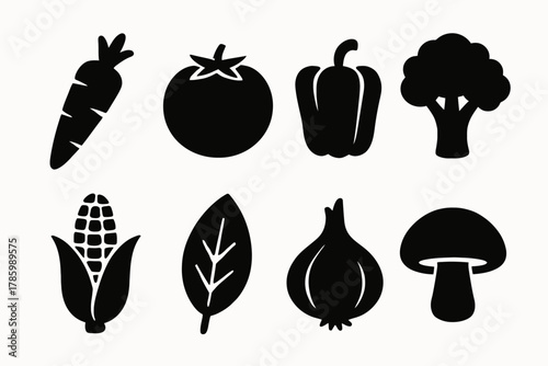 Silhouette icons of various vegetables: carrot, tomato, bell pepper, broccoli, corn, leaf, onion, mushroom