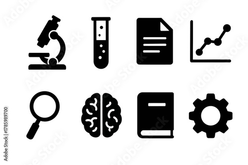 Scientific icons: microscope, test tube, document, chart, magnifying glass, brain, book, gear