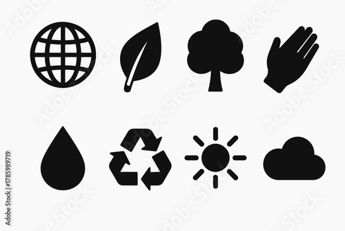 Black eco icons: globe, leaf, tree, hand, water, recycle, sun, cloud symbols on white