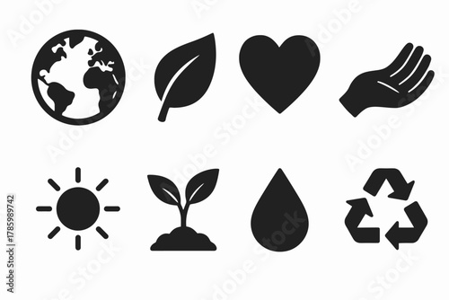 Eco-friendly icons representing sustainability and conservation symbols