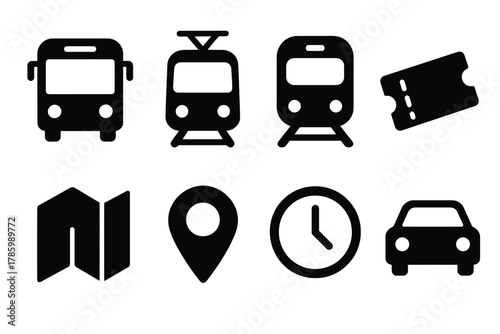 Public transportation icons: bus, tram, train, ticket, map, location, clock, car