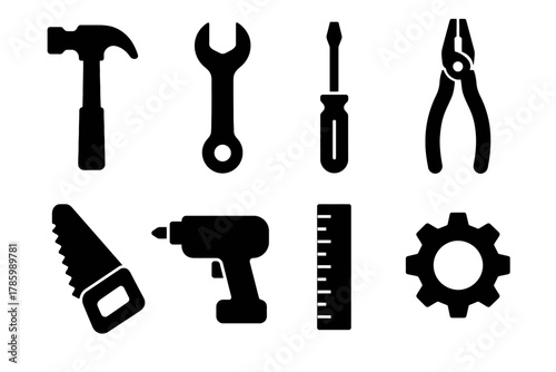 Black silhouettes of essential hand tools including hammer and screwdriver
