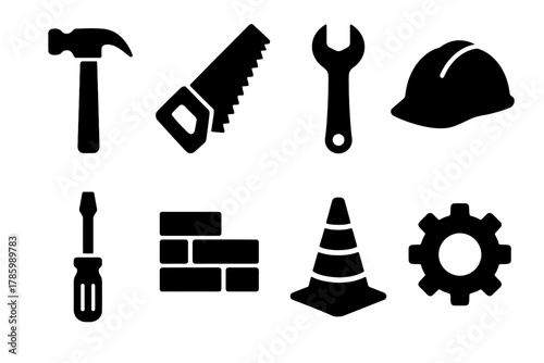 Construction tools and symbols: hammer, saw, wrench, hard hat, screwdriver, brick, cone, gear