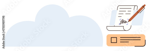 Large cloud icon beside a signed document and checkbox, symbolizing file storage, e-signatures, and organization. Ideal for cloud computing, document management, digital workflow, e-signatures