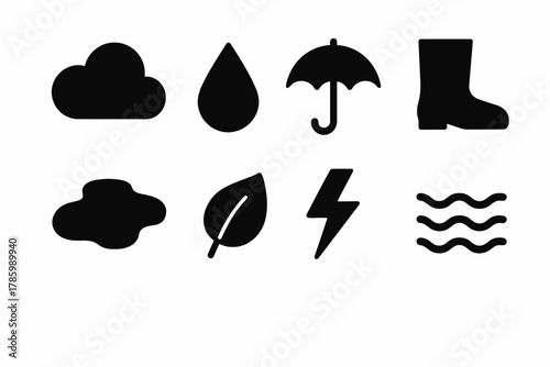 Weather symbols: cloud, rain, umbrella, boot, fog, leaf, lightning, waves