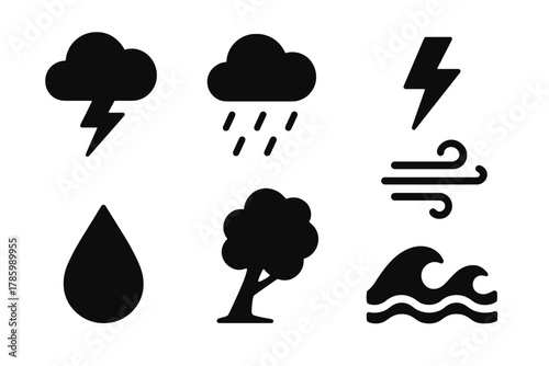 Weather icons set: lightning, rain, wind, tree, wave, drop