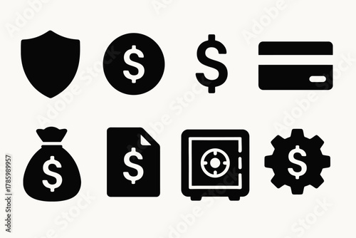 Financial icons set: shield, coin, dollar sign, credit card, money bag, document, safe, gear