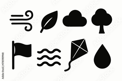 Weather and nature icons: wind, tree, kite, cloud, flag, leaf, water, raindrop