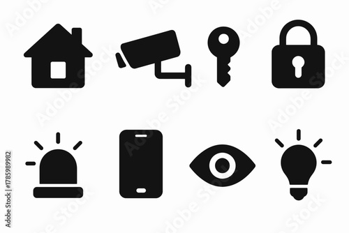 Set of security icons featuring camera, lock, key, and more