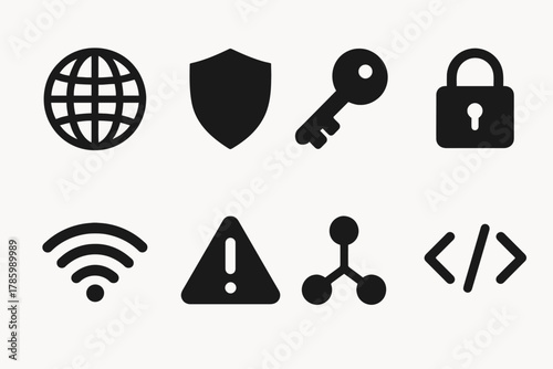 Vector icons: globe, shield, key, lock, wifi, warning, network, code