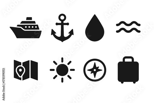 Nautical and travel icons set: ship, anchor, water, navigation, luggage