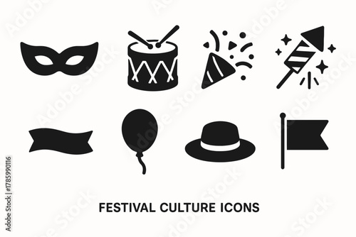 Festival culture icons: mask, drum, confetti, firework, banner, balloon, hat, flag