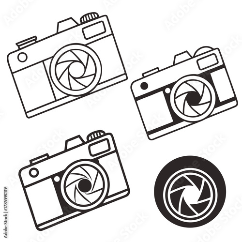 Three camera illustrations with an aperture design, creating a visually appealing and photographythemed composition