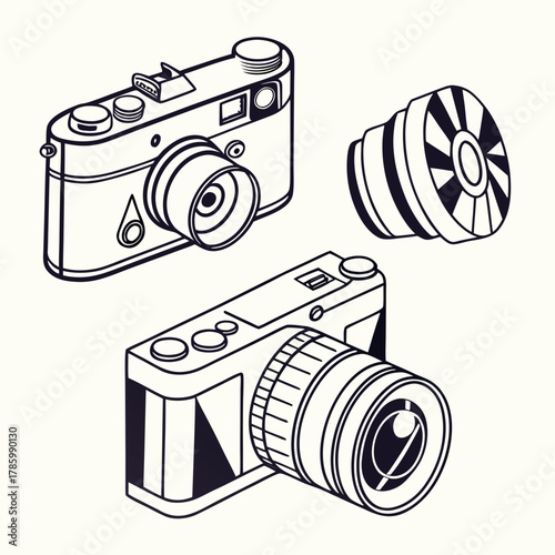 Illustration of vintage and modern cameras with lens, perfect for photography enthusiasts and professionals, , in vector format