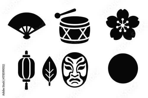Traditional japanese icons: fan, drum, sakura, lantern, leaf, mask, circle silhouettes