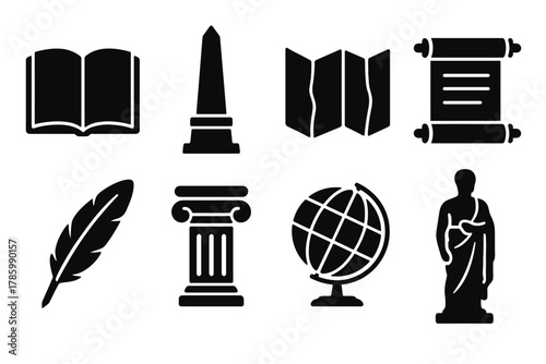 Historical icons set: book, monument, map, scroll, feather, column, globe, statue