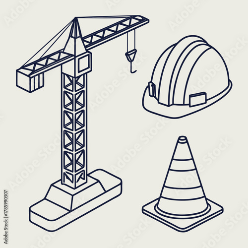 Construction site elements crane, safety helmet and traffic cone in outline style building industry and roadwork concept