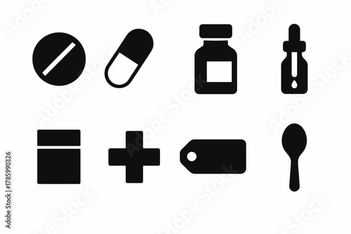 Medical icons collection: pills, bottle, dropper, first aid, spoon