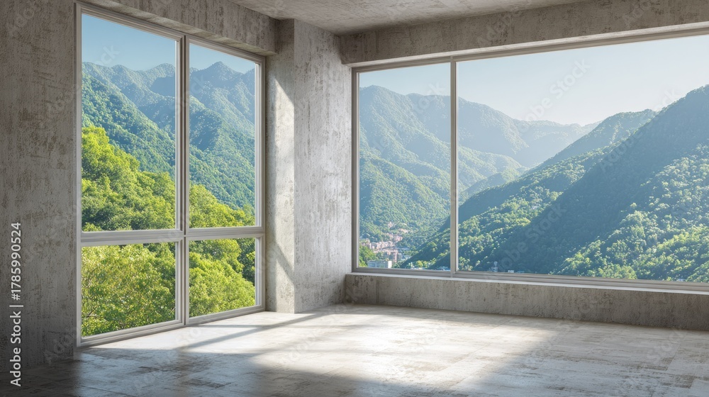 Fototapeta premium Empty room with panoramic mountain views.