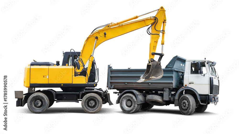Naklejka premium Heavy machinery stands ready for construction tasks, featuring a bright yellow excavator and a robust gray dump truck against a clear, isolated backdrop.